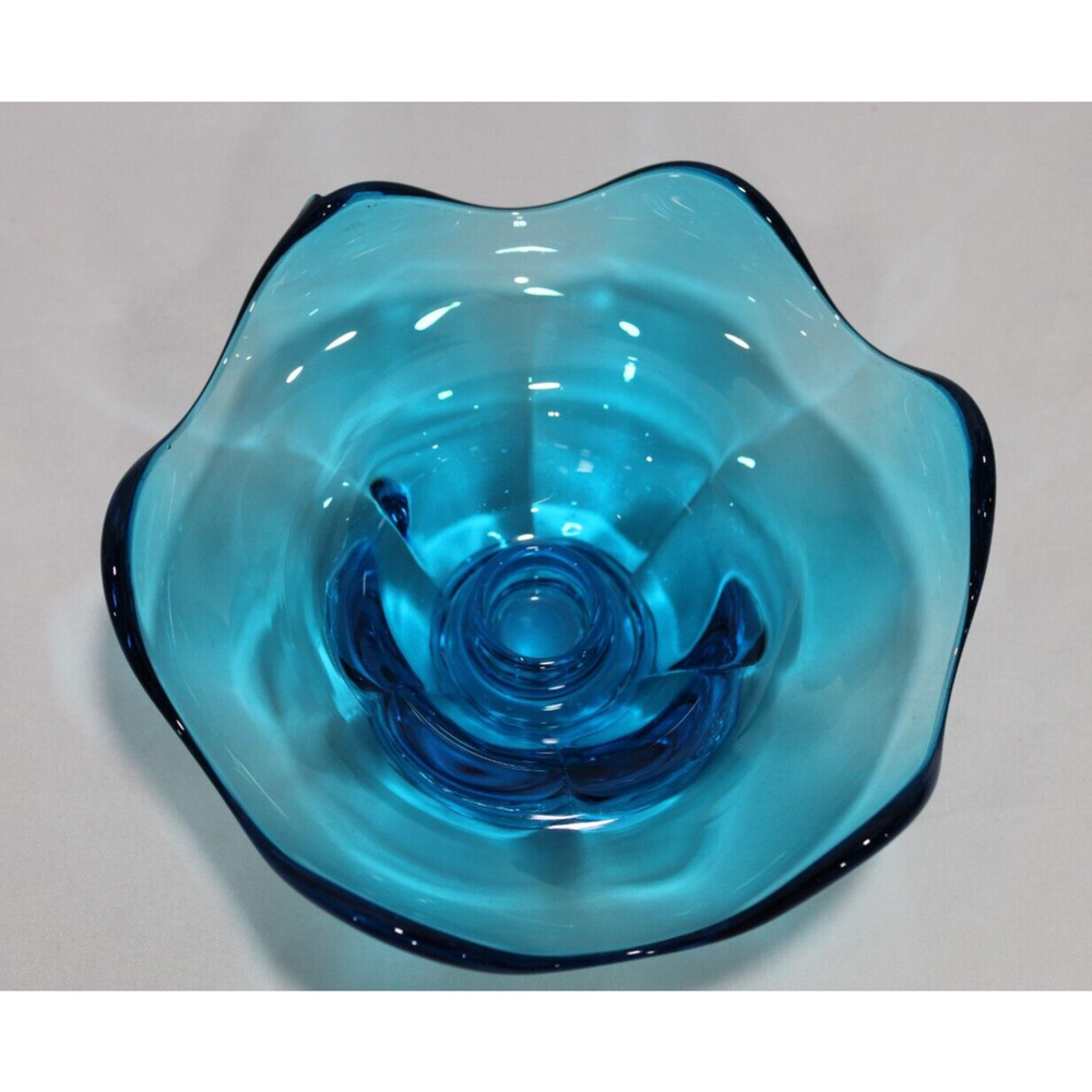 Blue Glass Handkerchief 6 Petal Taper Candle Holder - Unmarked
